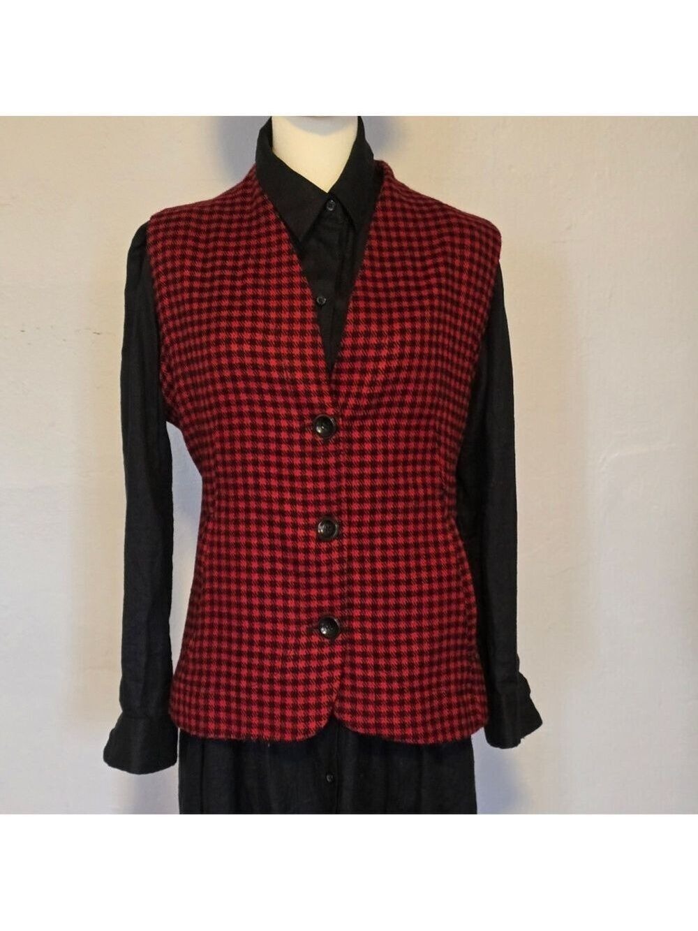 Vintage Women's Red Buffalo Check Fitted Wool Blend Vest wirh Pockets Size L - Picture 3 of 10